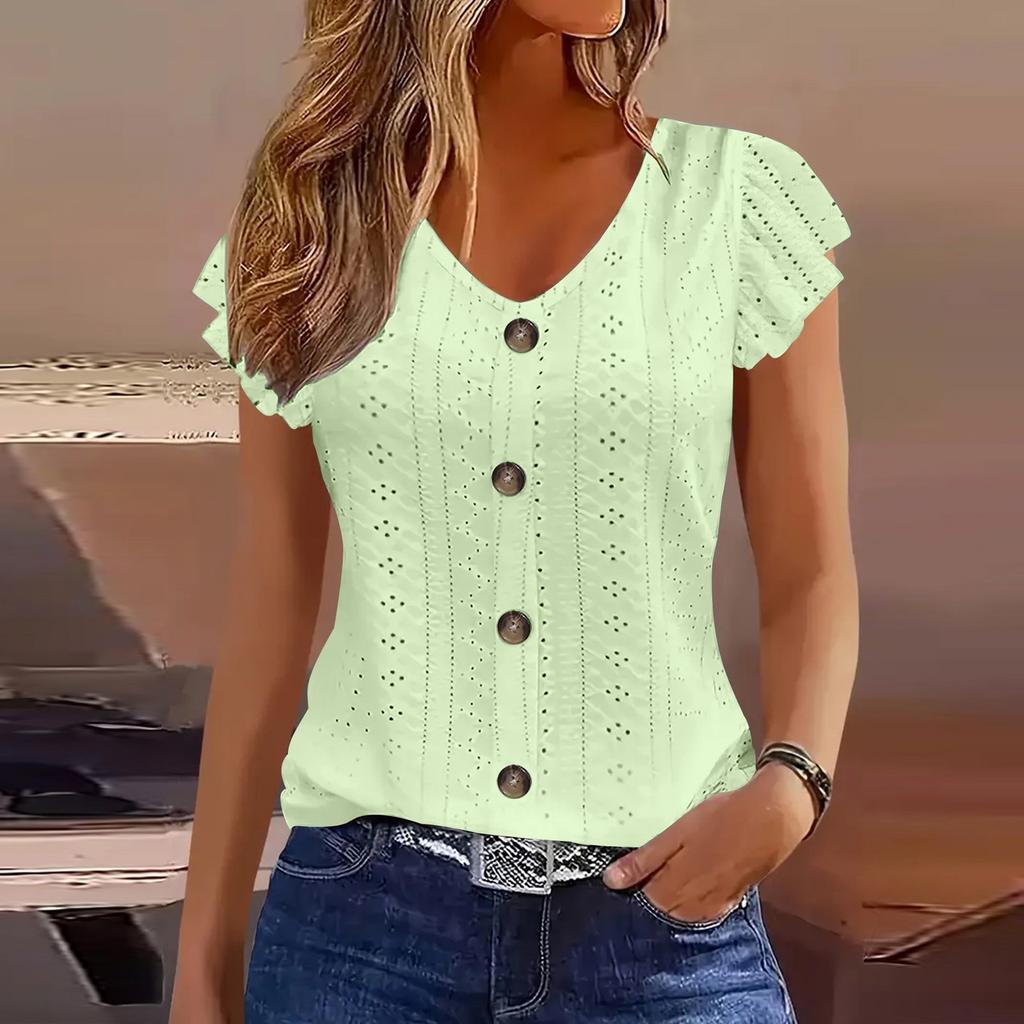 Women Summer  Top Eyelet Vacation Short Sleeve V Neck Loose Fit Shirt Spring Fashion Casual Clothes