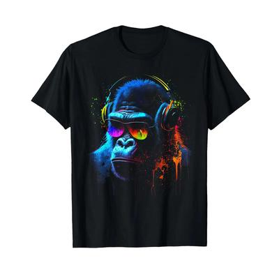 Monkey Dj With Headphones And Sunglasses Gorilla Music Fan T Shirt Black Vintage Washed Versatile Graphic Unisex Soft