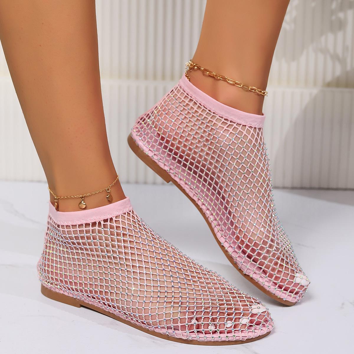 2024 Women s Cross-Strap Plus Size Sandals With Fishnet Stockings, Hollow-Out Design, Diamond Accents, and Flat Heel Ankle Boots EU 36 розовый