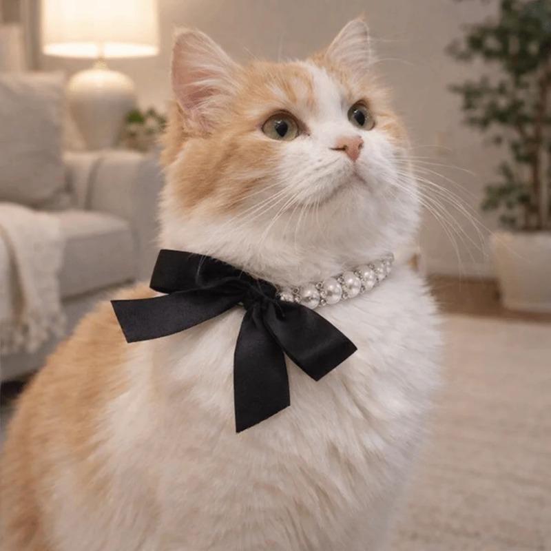 Adjustable Pearl Pet Collar Simulated Pearl Cat Bead Collar Necklace Elegant Bow Knot Ribbon Dogs Cats Collar Pets Accessories