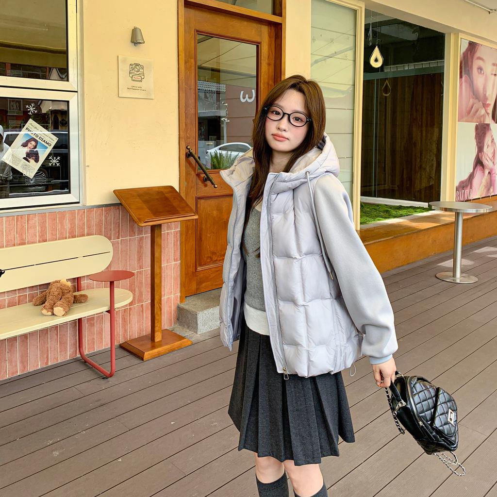 Pressed glue knitted short down cotton clothes, winter European and American young fashion loose hooded cotton-padded clothes women
