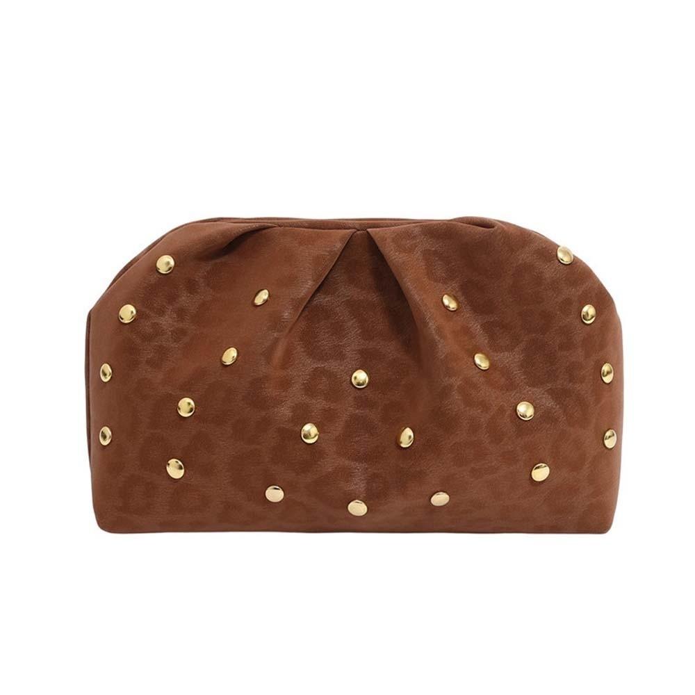 

Versatile Matt Side Clutch Bag Retro Large Capacity Lady Hand-held Purse Leopard Print Magnetic Button Pleated Rivet Handbag коричневый