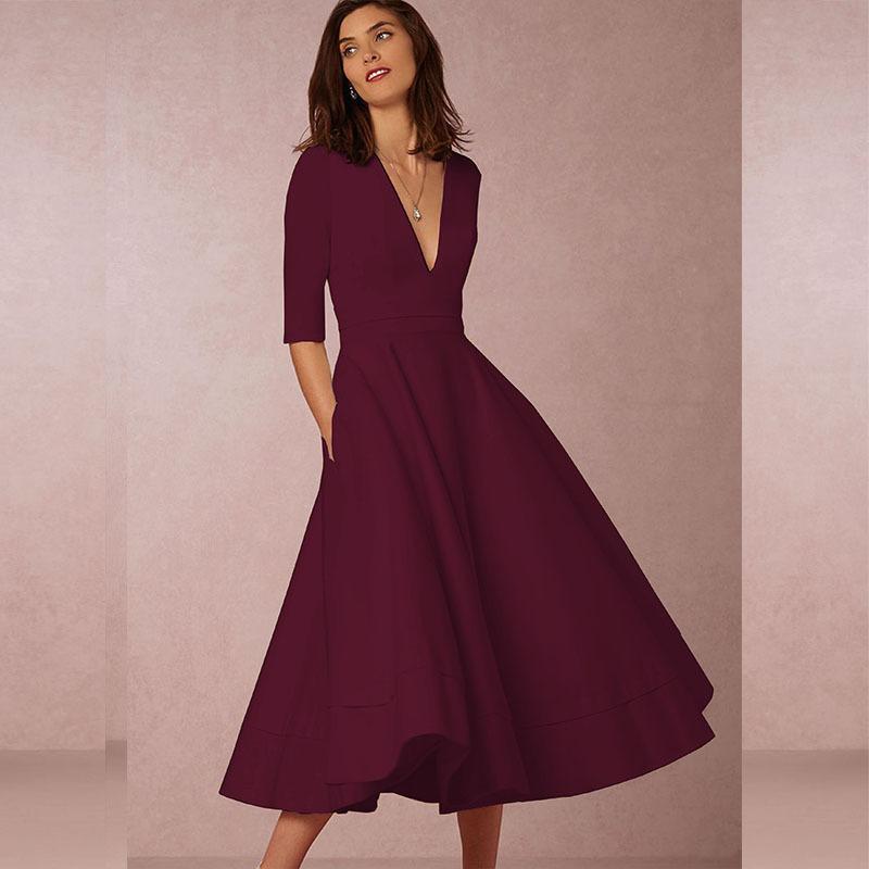 Popular Deep Mid-sleeved High-end Dress Medium and Long Dress New Autumn and Winter Sexy