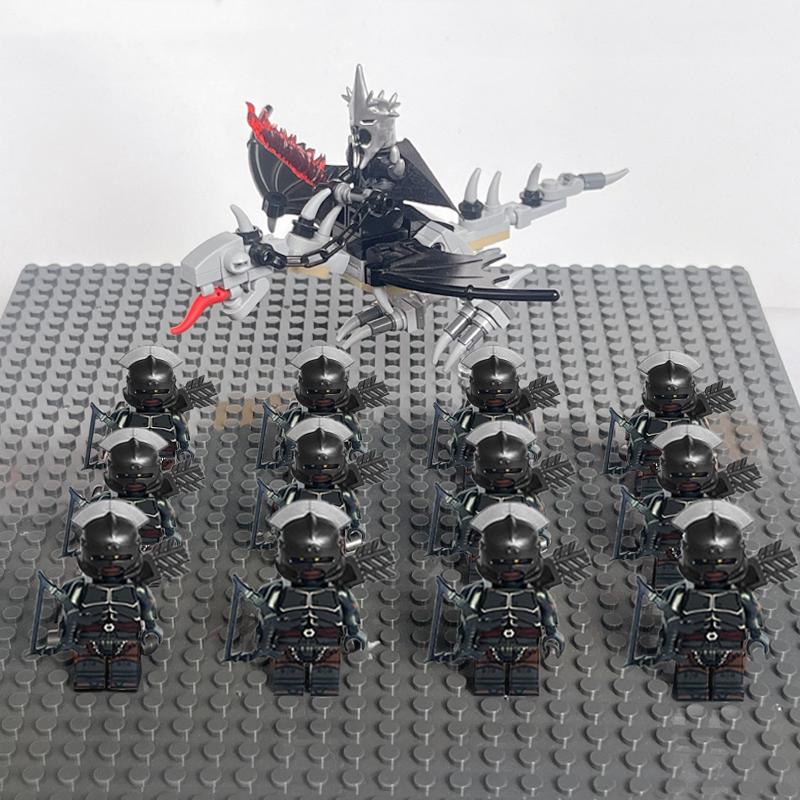 14pcs MOC Medieval Dwarf Warrior Elves Knights LotR Uruk-hai Orc Rohan Soldier with Witch King Leader Figure Building Block Toys