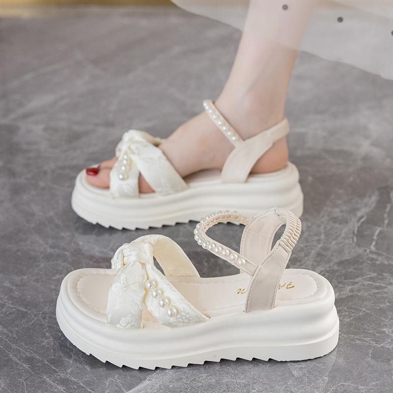 

Platform sandals women 2025 new fashion temperament comfortable pearl bow Internet celebrity with skirt fairy trendy shoes 35