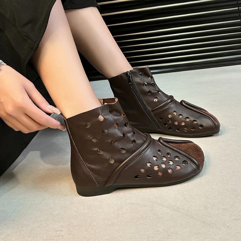 Retro Hollow Out Flat Heel Ankle Boots Women Leather Hollow Ankle Boots Side Zip High Top Shoes Luxury Casual Flat Short Boots