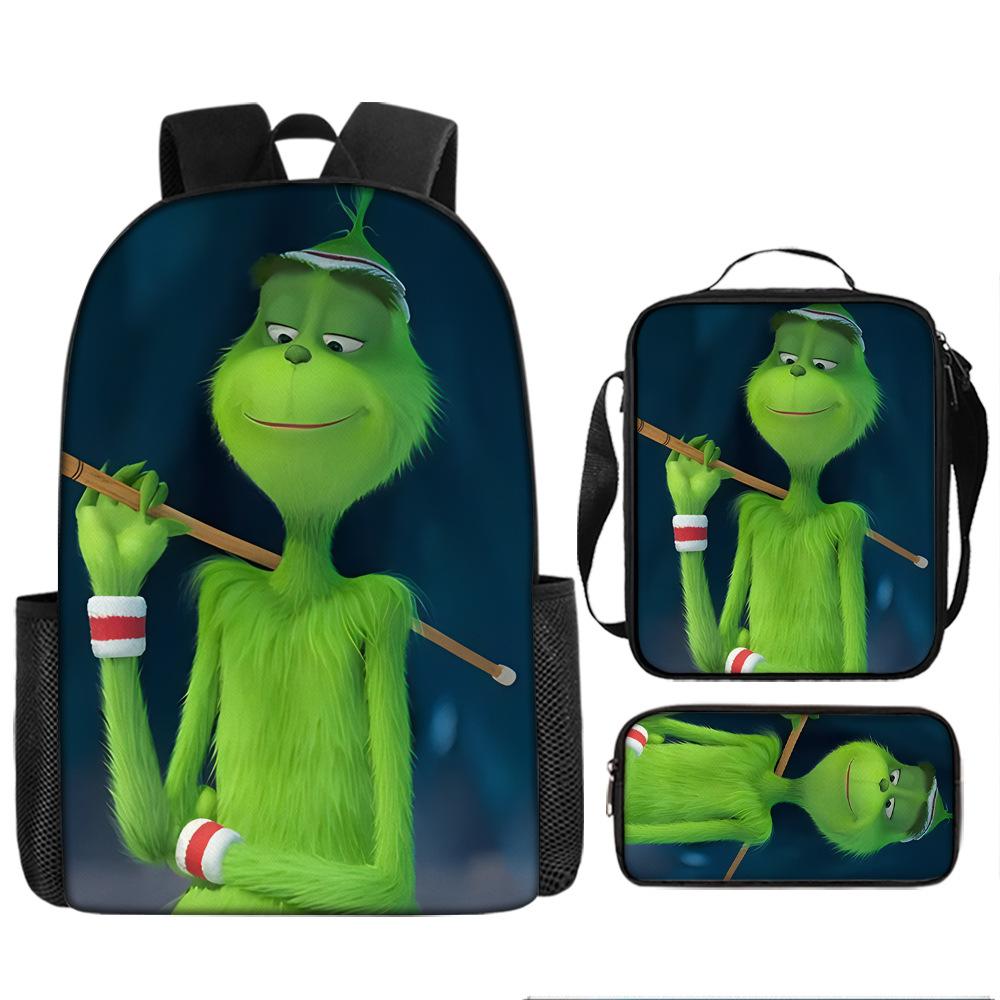 Green Hair Monster Grinch School Bag Campus 12345th and 6th Grade Backpack Lightweight Weight Loss Computer Bag Three-piece Set