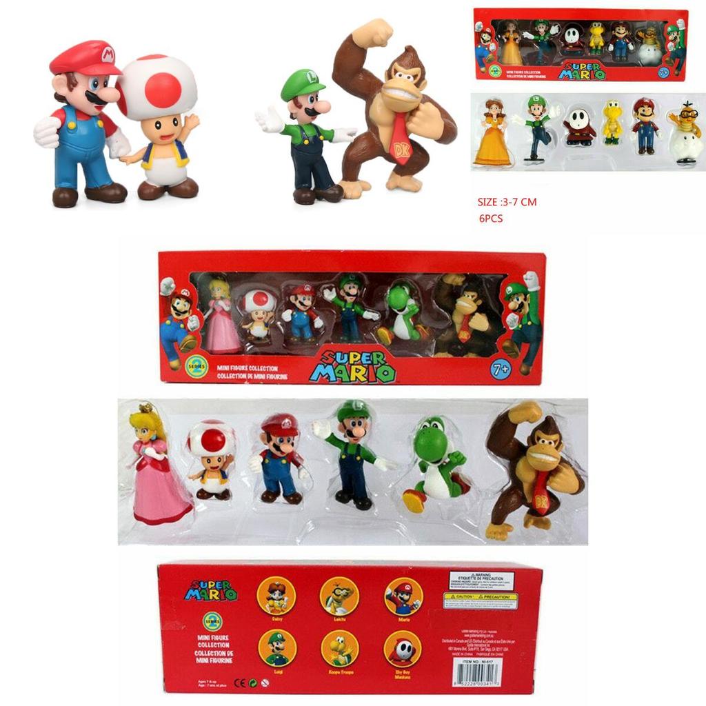 Six Piece Super Mario Bros Action Figure Toys Set Featuring Luigi Yoshi And Mushroom Collectibles For Kids