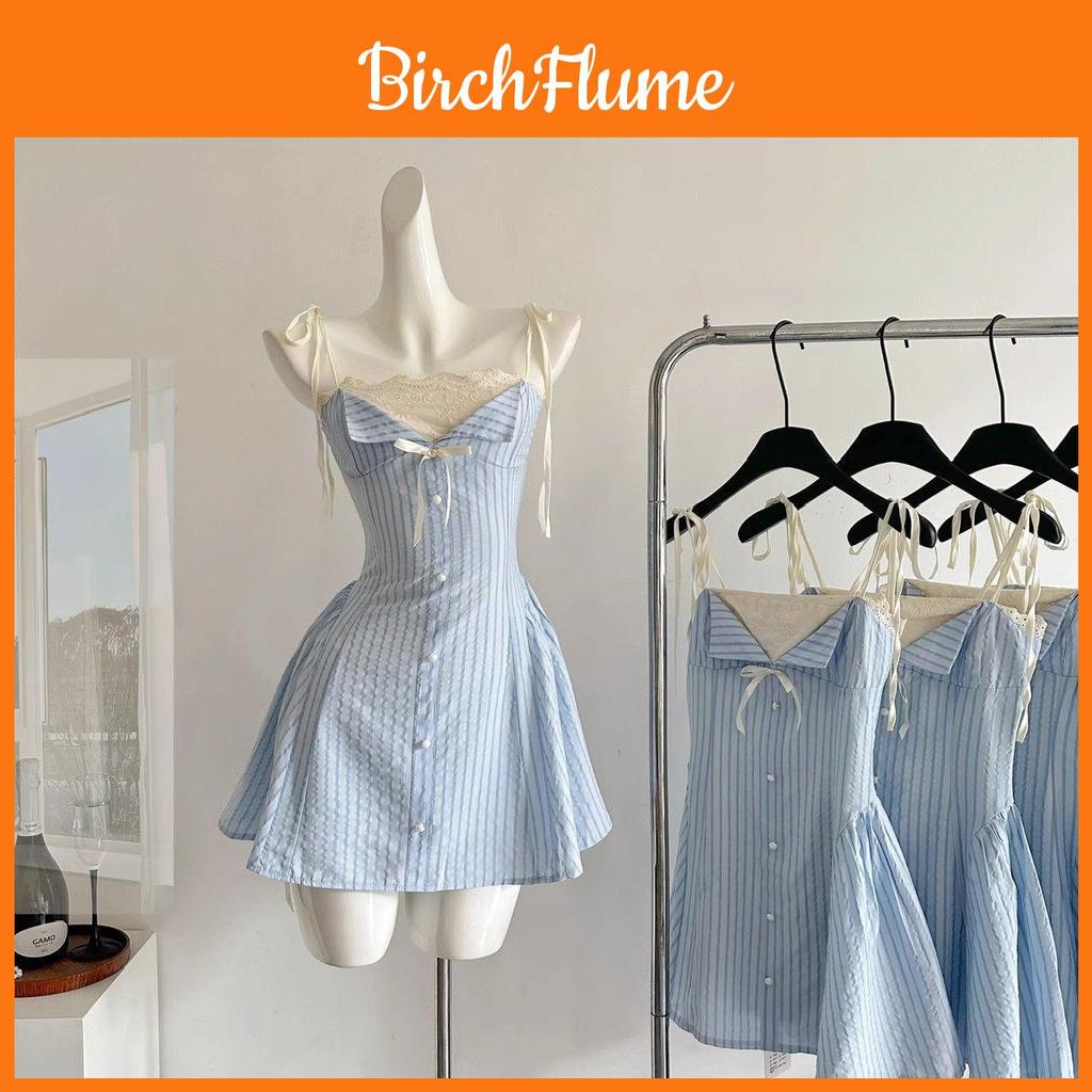 Summer Womens Blue Striped Lace Trim Aline Dress With Waist Tie For Casual Wear