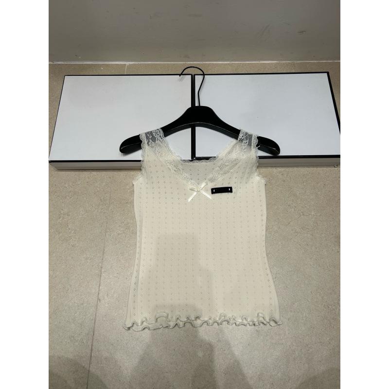 Miu Style 2026 Summer Lace Patchwork Knit Bow V-Neck Vest - Slim Fit Versatile Top
