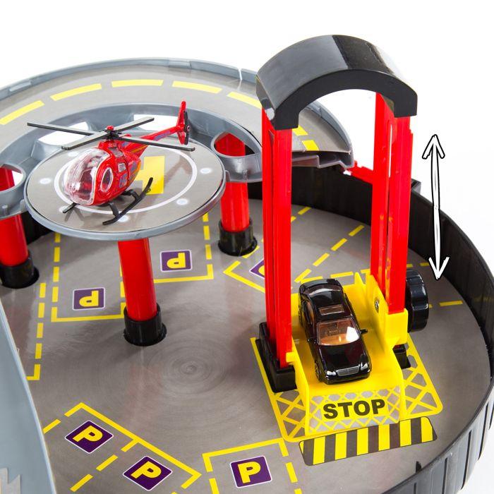 Garage parking pliable pour enfants avec 2 voitures, hélicoptère et station-service avec lavage (KP2819)