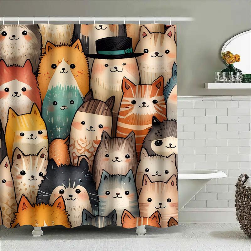 Adorable Animal Print Shower Curtain Watercolor Cats Design For Bathroom Decor
