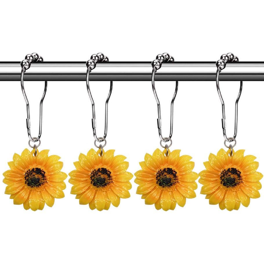 CHICTIE Flowers Shower Curtain Hooks Rings, 12 Pcs Decorative Rustproof Shower Rings for Bathroom Set (Yellow Sunflower) Yellow Sunflower