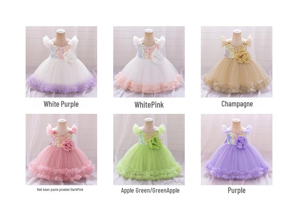 Sukienka Księżniczki z Cekinami z Falbankowymi Rękawami dla Maluchów - Świąteczna Bufiasta Tiulowa Spódnica