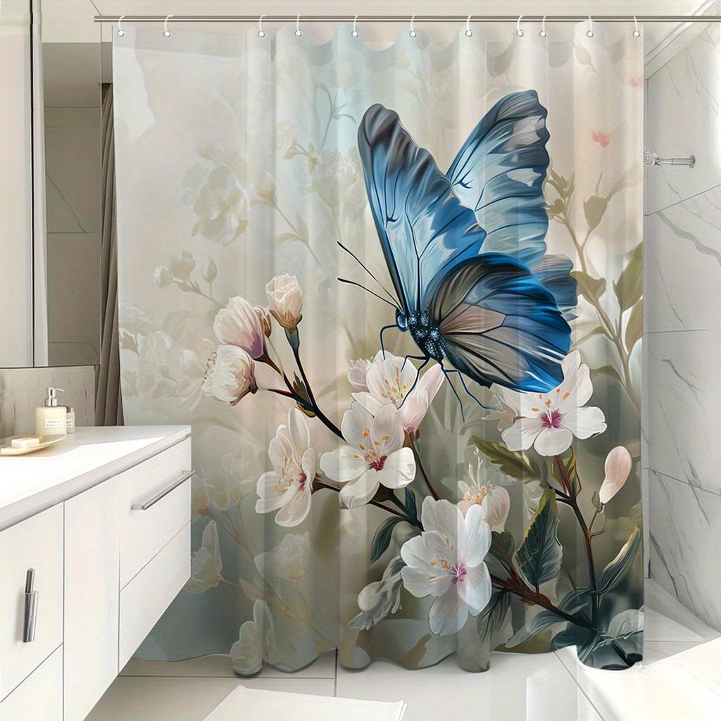 1pc Blue Butterflies & Floral Shower Curtain - 12 Hooks, Moisture-Resistant Polyester, 71x71", Elegant Bathroom Decor