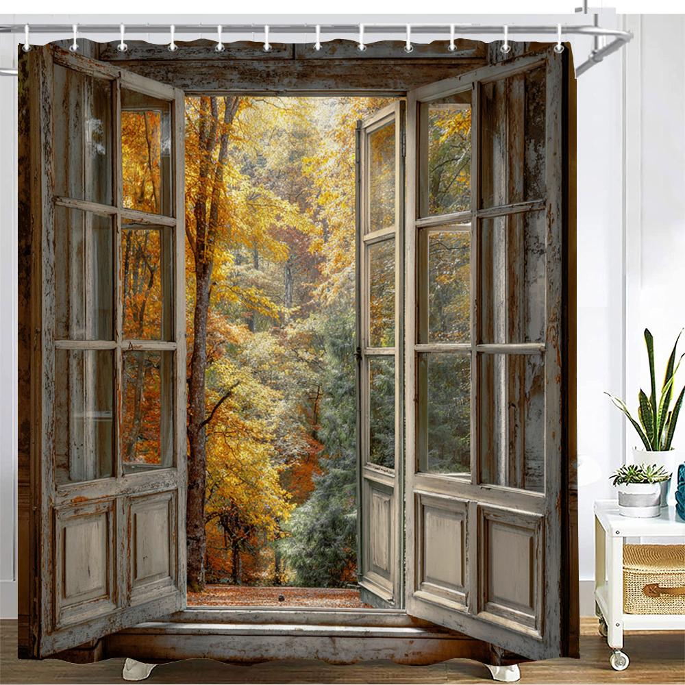

Forest Scenery Outside The Window Shower Curtain Bath Curtain Landscape Printed Bathroom Curtains For Home Decoration Curtain W60H190(CM)-1 Pcs