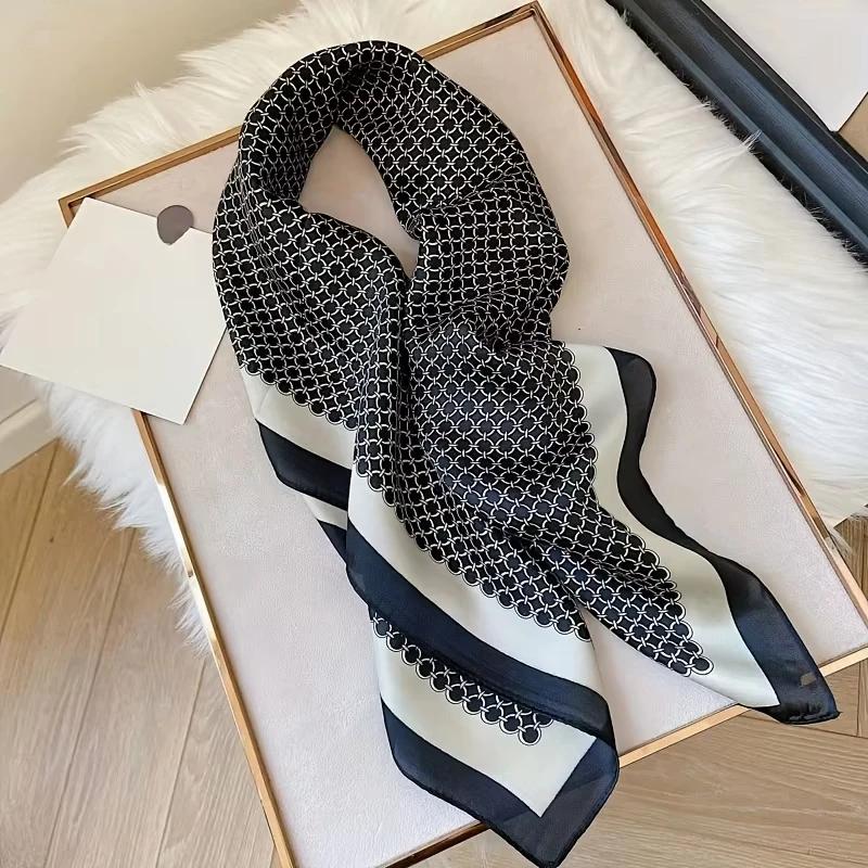 New Elegant Soft Satin Square Scarf For Women Stylish Round Ring Print Versatile Bandana Elegant Style Sunscreen Headscarf