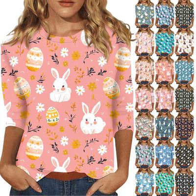 Women's Casual Round Neck Easter Egg Print Three-quarter Sleeve T-shirt Top
