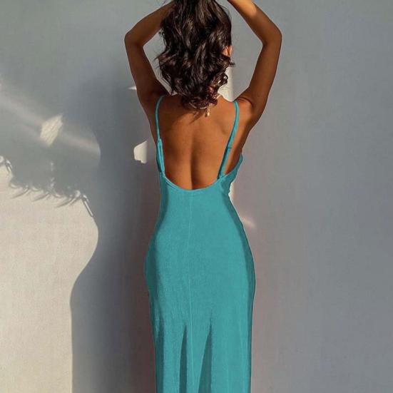 Dámské šaty na ramínka s výstřihem do V, bez rukávů, slim fit, plážové šaty, jednobarevné, lesklý povrch, midi šaty, pro každodenní nošení
