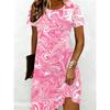 Casual Summer Dress for Women Featuring a Pink Marble Print, Designed with Short Sleeves And a Round Neckline, Perfect for Plus-Size Fashion