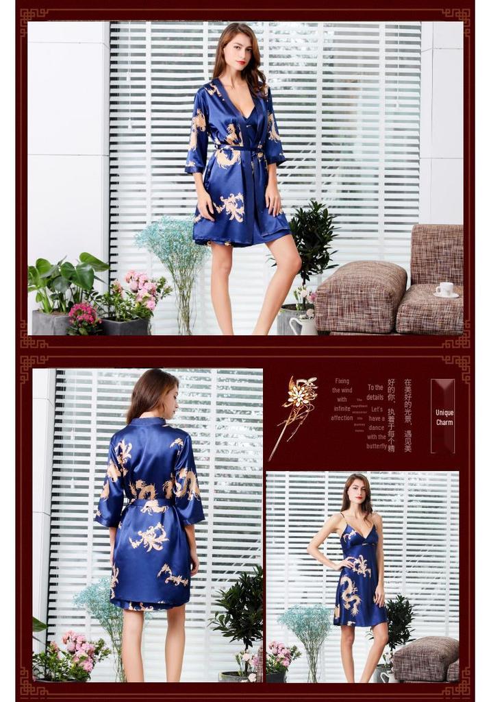 Summer Couple Silk Imitation Loungewear: Women's Nightgowns & Men's Bathrobes with Short Sleeves and Shorts.