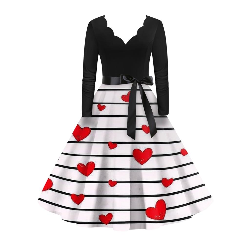 Damska stylowa i elegancka sukienka z długim rękawem, dekoltem w serek w kształcie serca na Walentynki