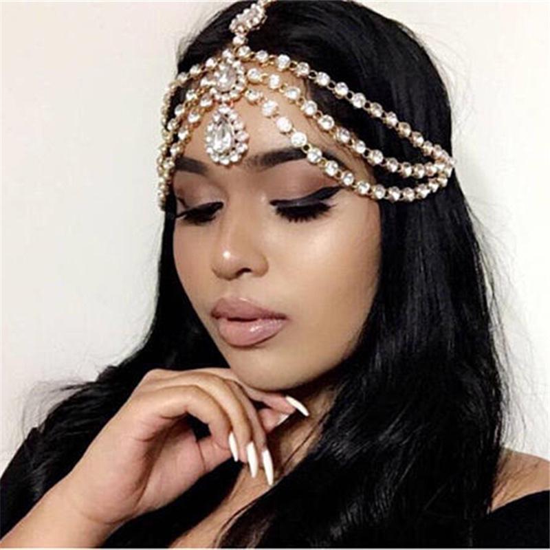European and American Fashion White Gem Drop Pendant Head Chain Bridal Wedding Multi-Layer Rhinestone Forehead Lace Jewelry