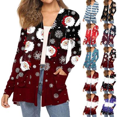 Women's Fashion Christmas Print Long-Sleeved Pocketed Slim-Fit Cardigan Coat