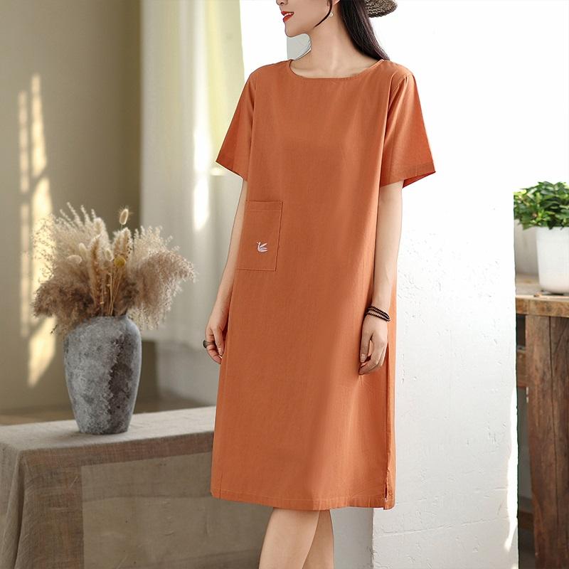 Short Sleeve Plus Size Cotton Vintage Embroidery New In Dresses for Women Casual Loose Midi Summer Dress