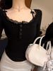 Women's Red Lace Patchwork Long Sleeve Slim-Fit T-shirt - Autumn/Winter Trendy Base Layer Top