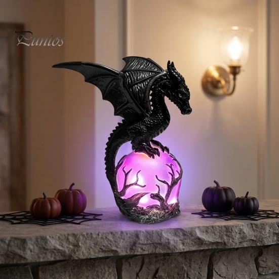 Purple Luminous Crystal Ball Gothic Dragon Night Light, Resin Statue with Glowing Cool Ornament Sphere, Fantasy Table Lamp for Halloween Home Desktop