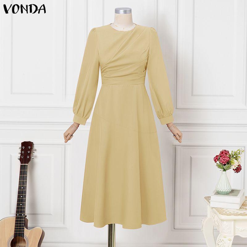 VONDA Elegant Women Casual  Round Neck Long Sleeve Front Pleated Long Swing Dress