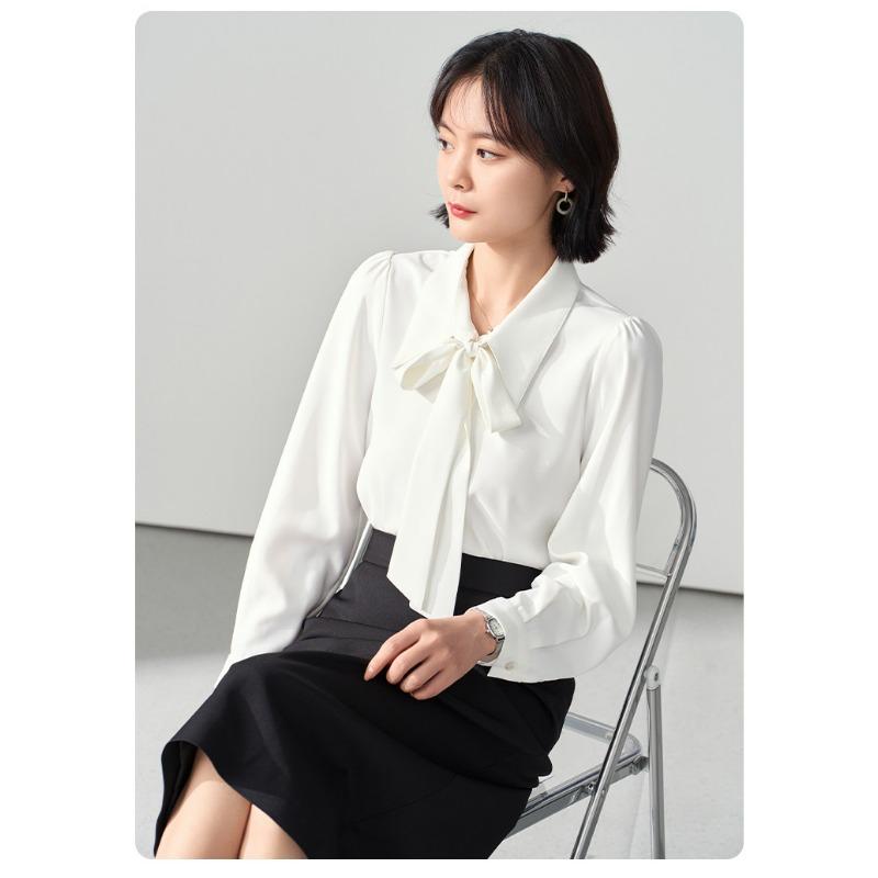 Spring and Autumn White Long Sleeve Chiffon Bow Shirt Women's Professional Formal Inner Top