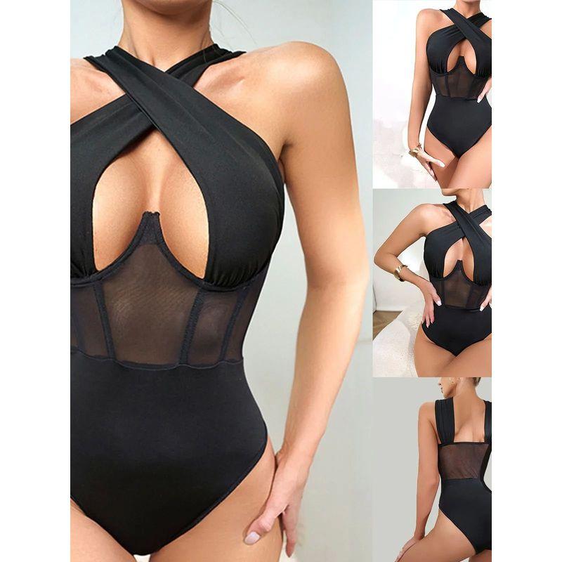 

Сетчатый комбинезон с кольцом из стали на шее и сетчатым прозрачным лифом-халтером Black S(S)