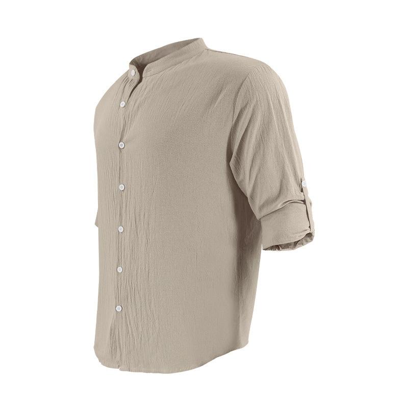 Cotton Linen Hot Sale Men's Long-Sleeved Shirts Summer Solid Color Stand-Up Collar Casual Beach Style Plus Size