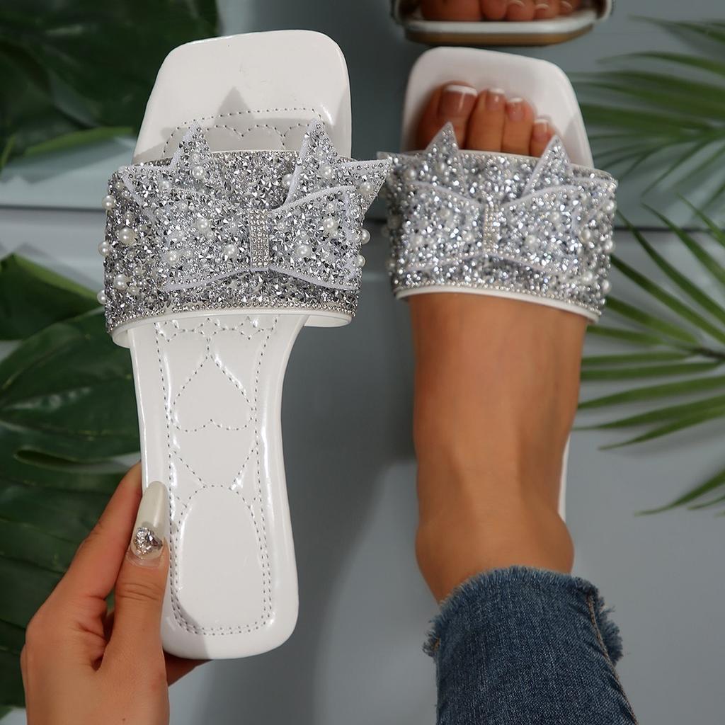 Summer Bow-shaped Rhinestone Fashionable Flat-bottomed Flip-flops