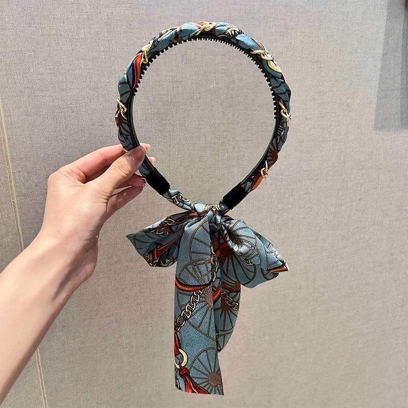 3PCS Retro Chain Long Streamer Hairpin Headband Women's Braided Hair Integrated Lace-up Headband Silk Scarf Ribbon Bridal Headdress