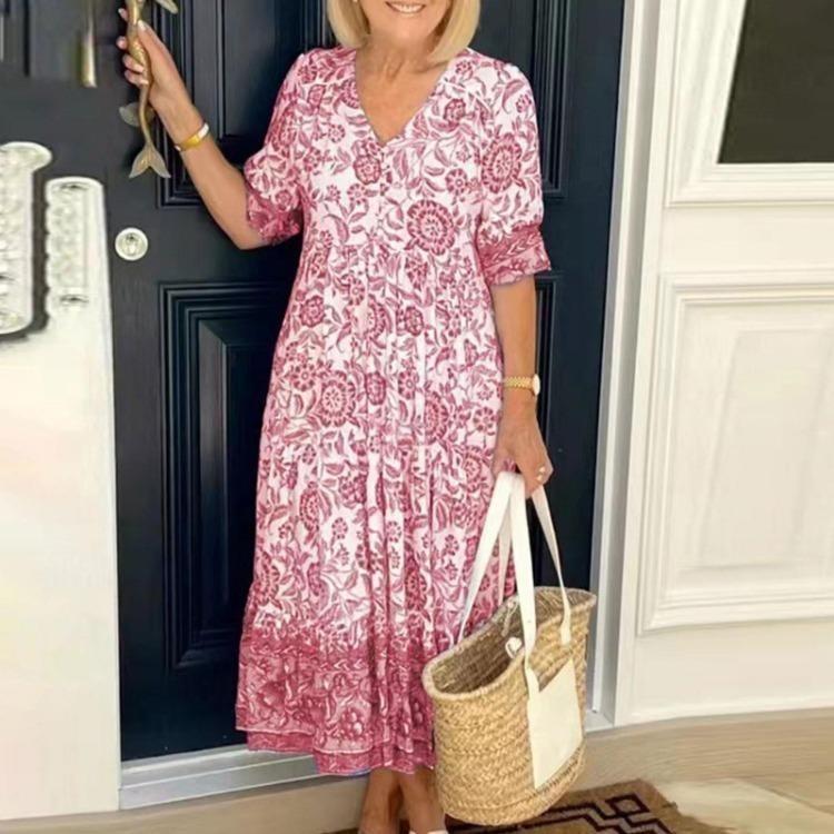 Floral Print Bohemian Maxi Dress Sexy V Neck Beach Party Short Sleeve Flowy Women M розовый