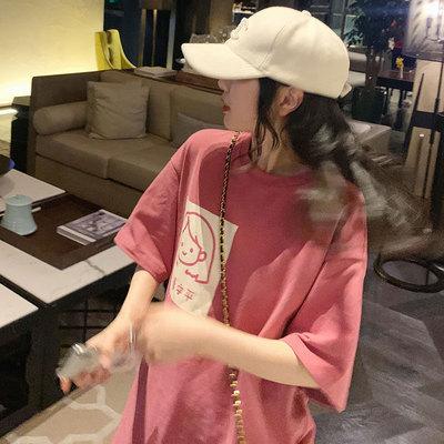 

Pink printed crew neck short-sleeved t-shirt women s summer new Korean version simple loose versatile student top M розовый