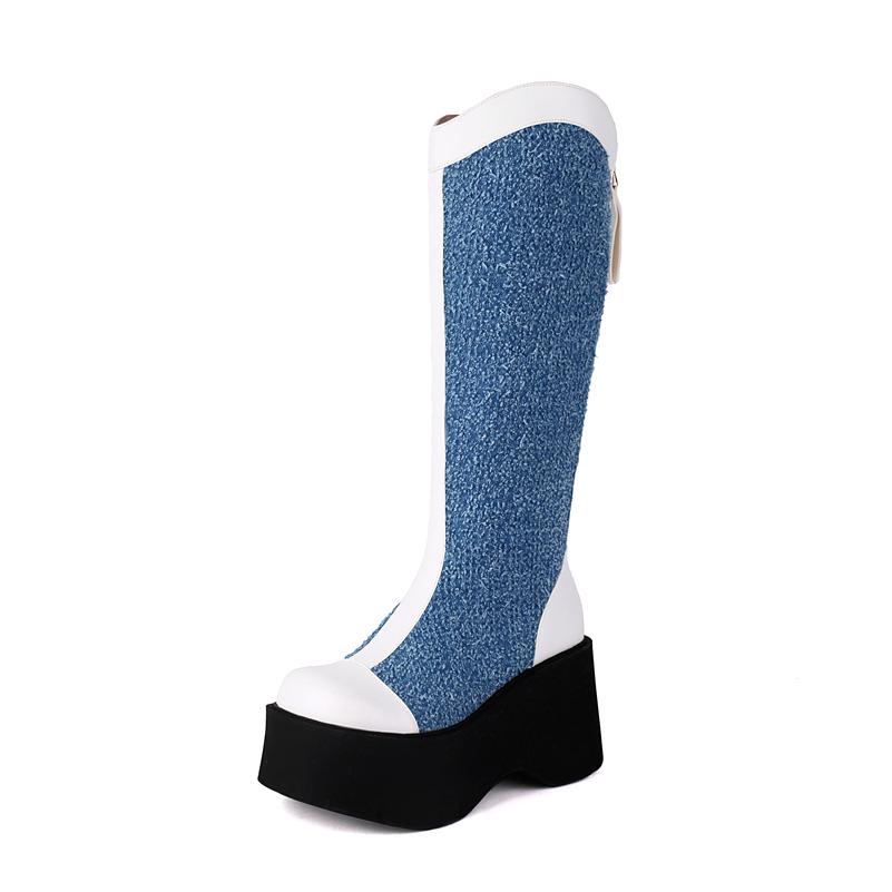 

ANNYMOLI Женские сапоги до колена в ковбойском стиле с круглым носком, на плоской платформе, на высоком каблуке, с застежкой-молнией, на платформе, длинные сапоги в стиле вестерн, женская модная обувь, зимняя 43 34 белый