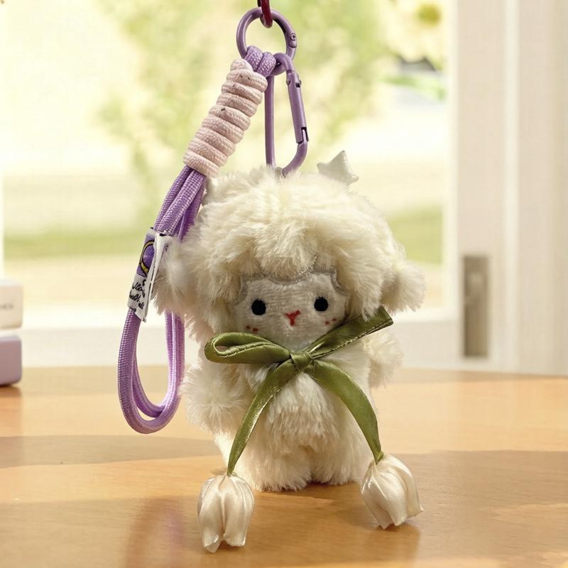 Cute Tulip Lamb Plush Keychain Fluffy Soft Stuffed Pendant Detachable Wrist Lanyard for Girls Birthday Gift