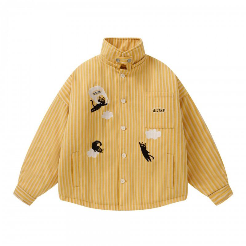 American Retro Cartoon Cat Embroidered Detachable Hood Winter Warm Cotton Coat Men Women