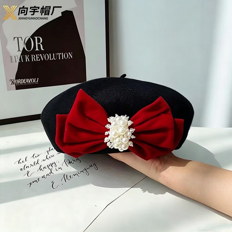 Women S Velvet Bow Pearl Warm Korean Style Beret Hat