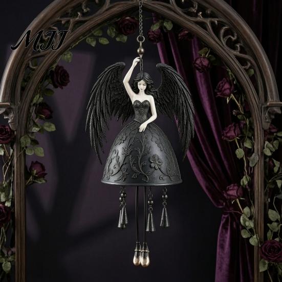 Gothic Style Windbell Dark Angel Wind Chime, Winged Black Spiritual Home Ornament Hanging for Outdoor Garden Porch Patio Decor Statue