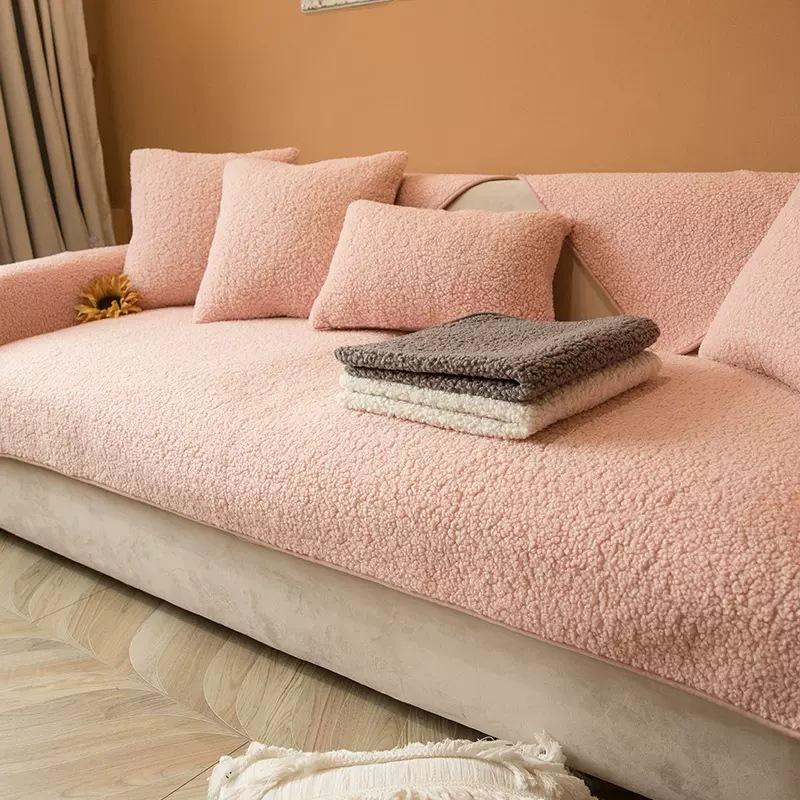 Solid Color Light Luxury Winter Plush Sofa Cushion Nordic Minimalist Anti Slip Seat Cushion Seasonal Universal Thickened Fabric Plush Sofa Cover