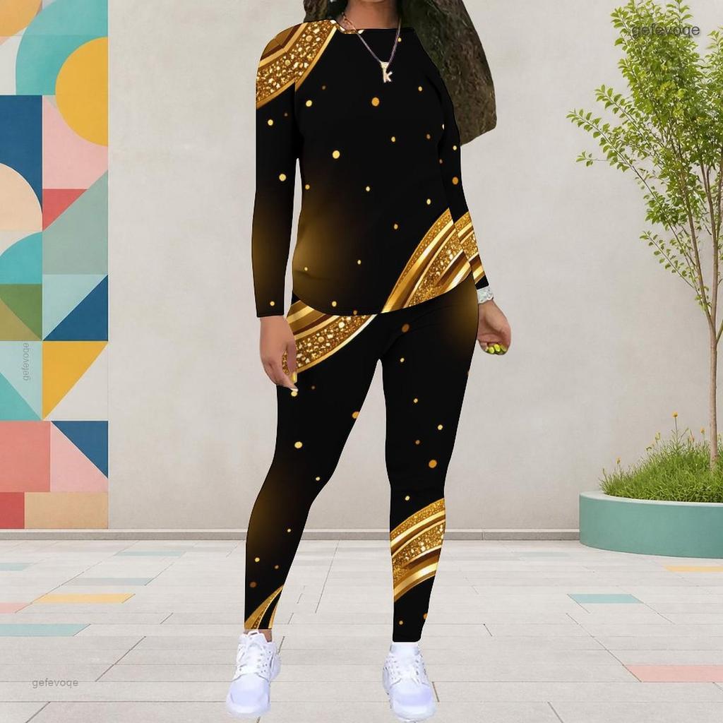 Women Plus Size Black Gold Green Printed Round Neck Long Sleeve Top And Fitted Pants Two Piece Set