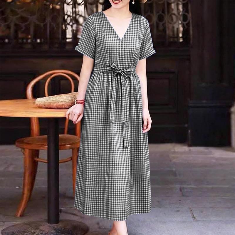 ZANZEA Women Casual V-Neck Short Sleeve Loose Grid Print Dress