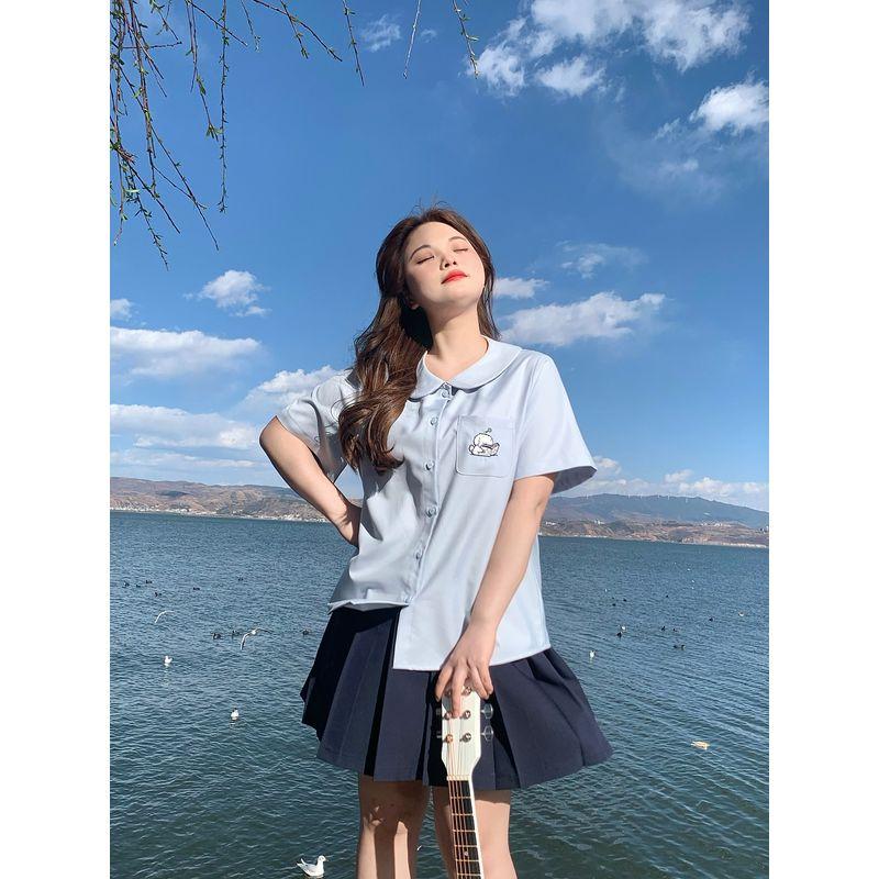 Stripe Plus Size Women's Clothing Preppy Style Embroider Puppy Ingot Collar Shoulder Blue Plus Size Ladies Slim Looking Short Sleeve Shirt for Women