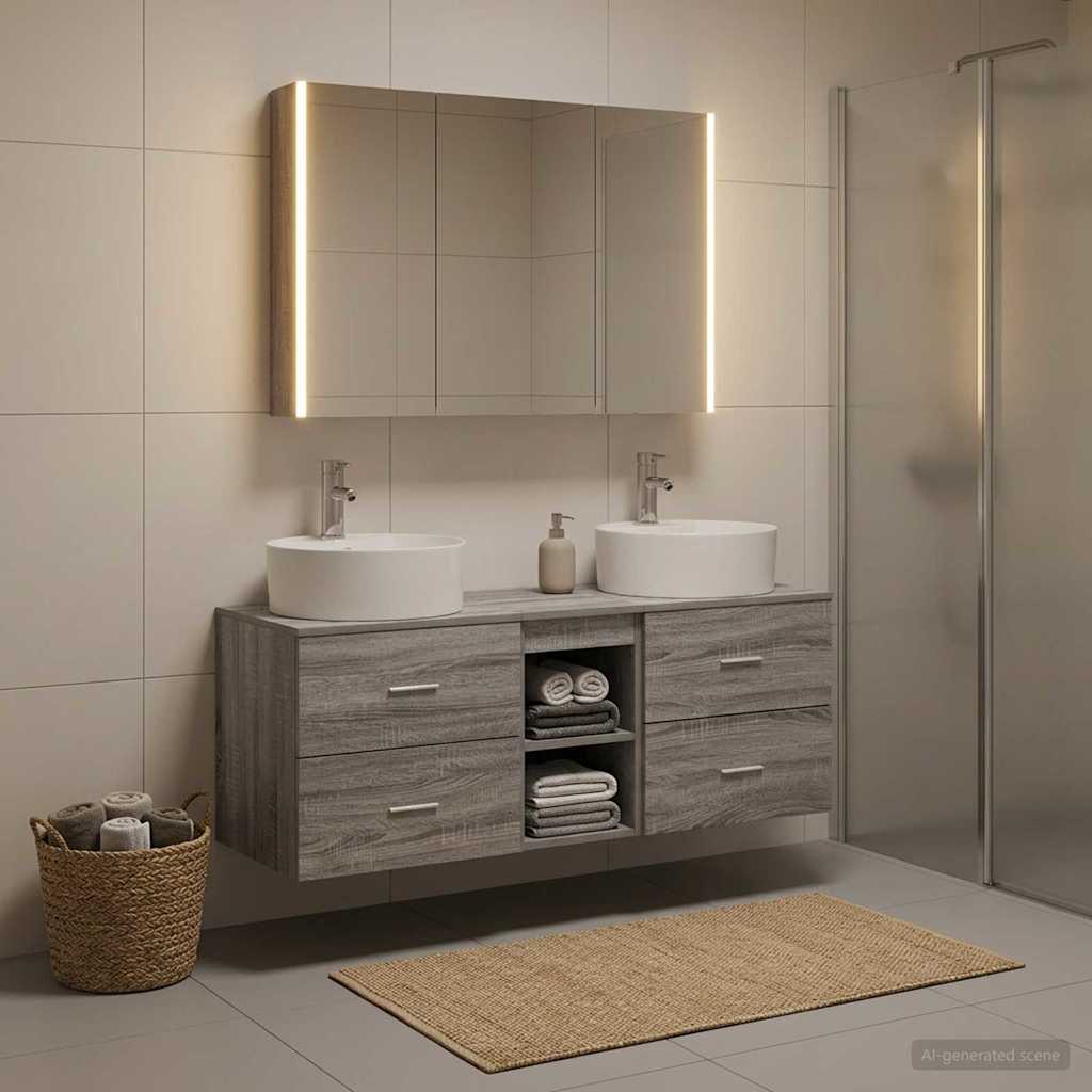Bathroom Furniture Set 4 Pcs Grey Sonoma Engineered Wood and Glass
