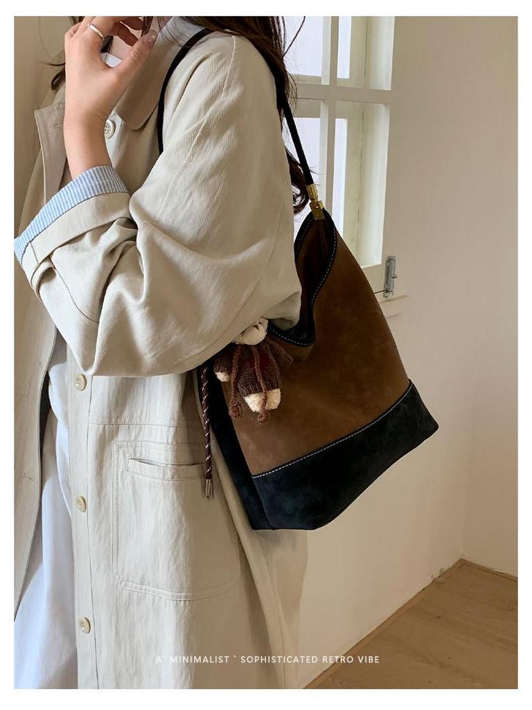 Dam Retro Frostad Mocka Hinkväska - Koreansk Stil Färgblock, Enkel Pendling, 2025 High-End Enkel Axelväska.